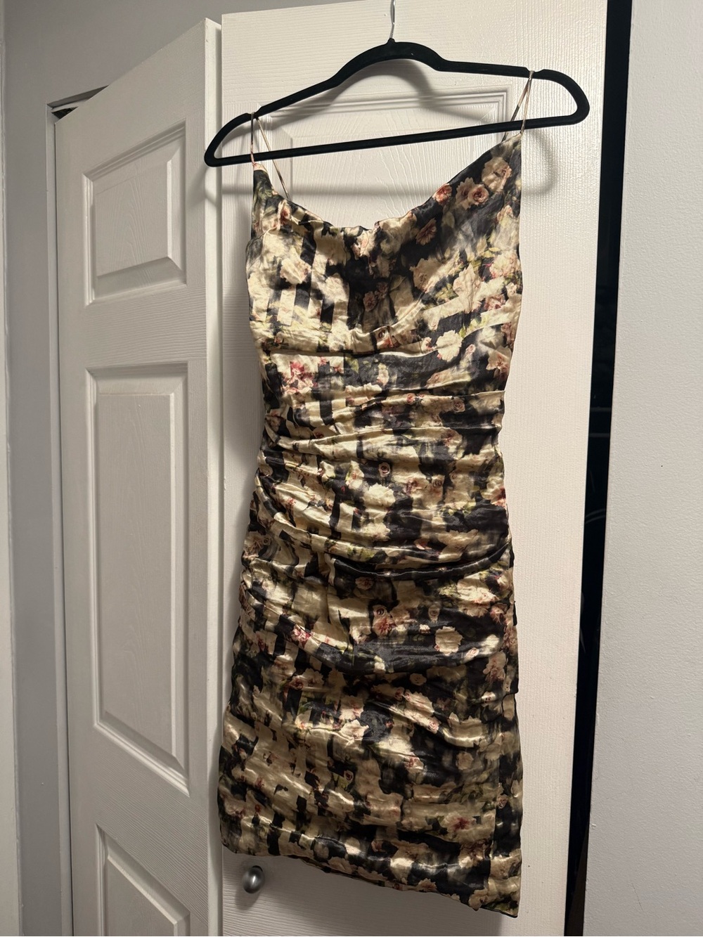 Nicole Miller Gold and Black Floral Ruched Mini Dress